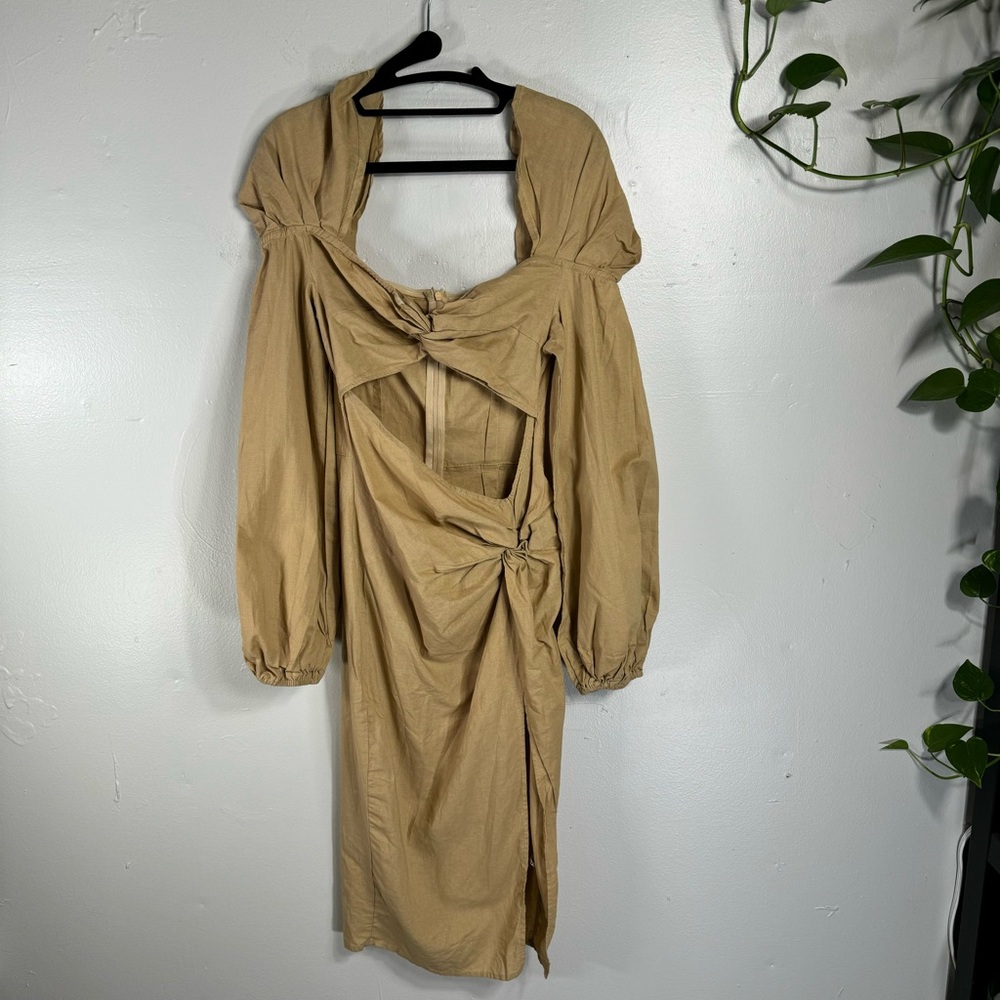 PRETTYLITTLETHING 100% cotton dress long sleeve tan neutral knotted ruched sz6